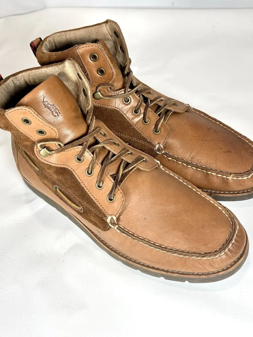 Polo Ralph Lauren Salisbury Mens 12 D Leather Suede Moc Toe Boots Tan Brown